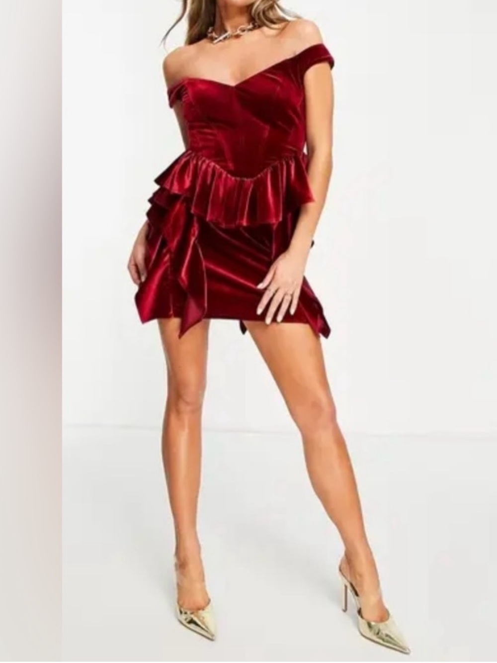 ASOS Red Velvet Off-Shoulder Peplum Ruffle Corset Whimsigoth Mini Dress Size 8
